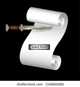 Vector illustration isolated on black background parchment nailed to the wall with a dagger, a Western announcement.