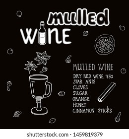 Vector illustration Isolated on black chalkboard background 
with ingredients for mulled wine.Clove,vanilla,star anise,cinnamon sticks, dry orange.For decor cafe,home,wrapping paper,kitchen print
