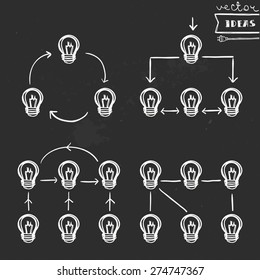 Vector illustration isolated on black, schematic flowcharts on chalkboard