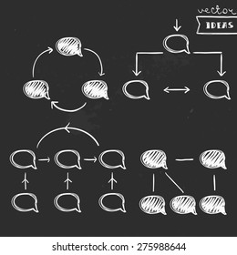 Vector illustration isolated on black, schematic flowcharts on chalkboard