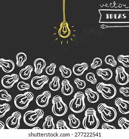 Vector illustration isolated on black, ideas and creativity concept, hand-drawn light bulbs