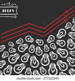 Vector illustration isolated on black, ideas and creativity growth concept, hand-drawn light bulbs diagram