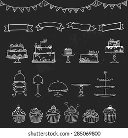 Vector illustration isolated on black, hand-drawn celebration set: cute cupcakes, cakes, banners, flags and cake stands. Perfect for menu, invitations, decor and backgrounds for birthdays and weddings svg
