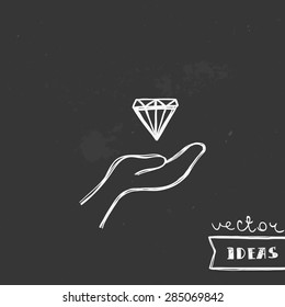 Vector illustration isolated on black, jewelry and wealth concept, hand-drawn diamond in a hand