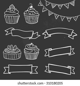 Vector illustration isolated on black, hand-drawn cupcakes and banners set. Perfect for menu, invitations, decor for restaurants, birthdays and weddings