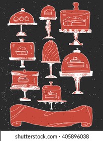 Vector illustration isolated on black, hand drawn celebration set of  cake stands. Perfect for menu, invitations, decor and backgrounds for birthdays and weddings