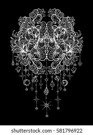 Vector illustration isolated on a black background mandala with pendants, sacred amulet,  colorful tattoo. Psychedelic art for print, posters, t-shirts and textiles. Boho style