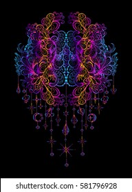 Vector illustration isolated on a black background mandala with pendants, sacred amulet,  colorful tattoo. Psychedelic art for print, posters, t-shirts and textiles. Boho style