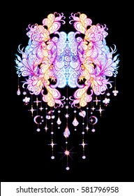 Vector illustration isolated on a black background mandala with pendants, sacred amulet,  colorful tattoo. Psychedelic art for print, posters, t-shirts and textiles. Boho style
