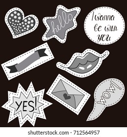 Vector illustration isolated on  a black  background. Set of stickers, pins, patches in cartoon 80s-90s comic style.