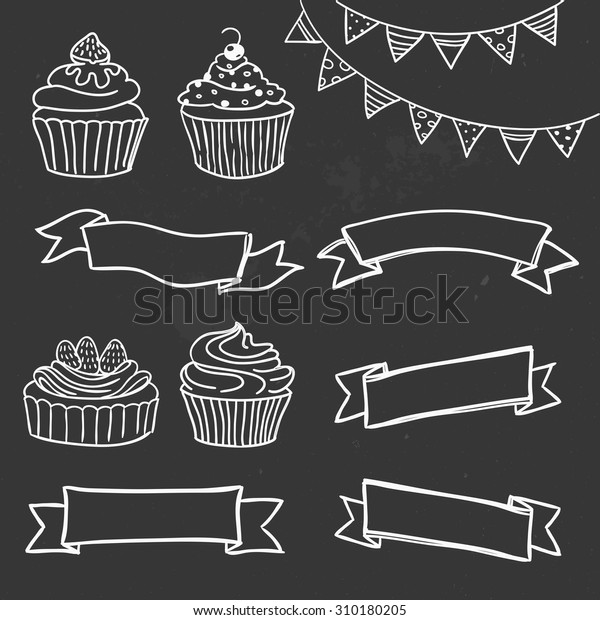 黒い背景にベクターイラスト 手描きのカップケーキとバナーセット レストラン 誕生日 結婚式のメニュー 招待 デコールに最適 のベクター画像素材 ロイヤリティフリー