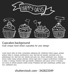 Vector illustration isolated on blackboard, outlined hand drawn cupcakes and cute toppers set. Perfect for menus, invitations, decor for restaurants, birthdays and weddings