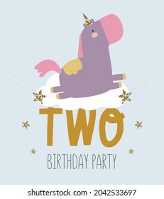 Vector illustration, isolated, on a blue background. An invitation to a unicorn party in a cartoon style with a magical cute purple unicorn and the inscription two.