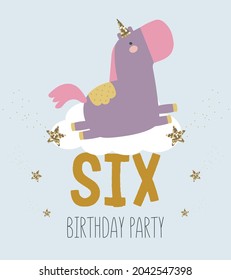 Vector illustration, isolated, on a blue background. An invitation to a unicorn party in a cartoon style with a magical cute purple unicorn and the inscription six.