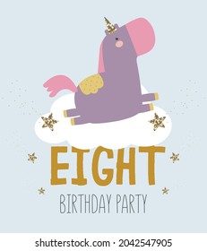 Vector illustration, isolated, on a blue background. An invitation to a unicorn party in a cartoon style with a magical cute purple unicorn and the inscription eight.