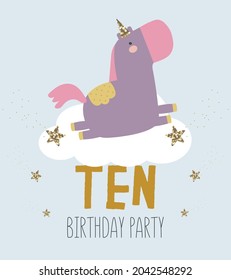 Vector illustration, isolated, on a blue background. An invitation to a unicorn party in a cartoon style with a magical cute purple unicorn and the inscription ten.