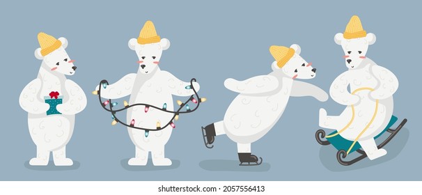 Vector illustration isolated on a light background set white polar bear cartoon doing winter activities. Cute polar bear holding a gift, polar bear with a garland, polar bear ice skating