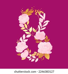 Ilustración vectorial aislada en un fondo rosado. Ilustración para el diseño de tarjetas de vacaciones para el 8 de marzo. Flores de peonía rosa suavemente y hojas doradas.