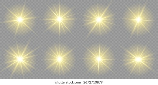 Ilustración vectorial aislada sobre fondo transparente. Conjunto de destellos de lente dorada. Destello de lente, explosión, brillo, destello de sol, chispa. Bengala con rayos dorados de luz y destellos mágicos. Abstractas llamarada de oro.