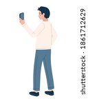 vector illustration isolated on white background. Man taking photos by cell phone. Guy looking at phone screen, shooting video. Teen talking with friend using video call, taking pictures for memories