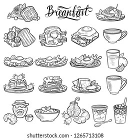 Vector illustration isolated on white background of breakfast collection in line art mode. Breakfast line with scrambled eggs, coffee and tea, croissant, pancakes, waffles, juice, sandwich, jam.