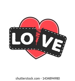 Vector illustration isolated on white background with heart and letters, word love, vector hand drawn illustration of textile