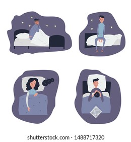 Vector illustration isolated on white background men, women with insomnia or dreaming. A sad man sits on the bed and looks at the stars, the woman lies in bed, the exhausted man lies in bed and holds 