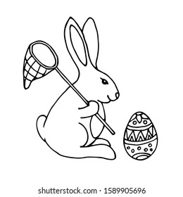 Vector illustration isolated on a white background. Easter bunny with a net and an egg.