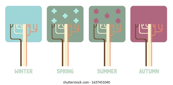 Vector illustration isolated on white. 4 trees at different times of the year. Winter. Spring. Summer. Autumn. Eps 8.