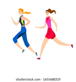 Vector  illustration isolated on white cartoon flat running girls active sportive wemen run two female