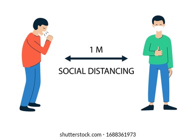 Vector illustration isolated on white. Maintain 1 metre distance between yourself and anyone who is sneezing, coughing. Social distancing in public places. Avoid contact. Coronavirus outbreak COVID-19