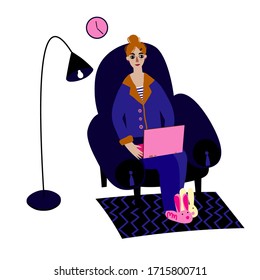 vector illustration isolated on white: young woman sitting in pajamas on a chair with a laptop and working from home. freelance and self-employment concept. 