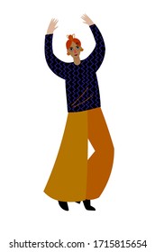 vector illustration isolated on white: young happy smiling white woman in modern clothes dancing with raised hands. attractive single carefree girl having fun and enjoying her time. 