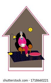 vector illustration isolated on white: an elderly woman sitting at home in pajamas on a chair with a cat during the quarantine. coronavirus epidemic. SARS-COV-2 pandemic. COVID-19.  stay home