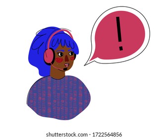ilustración vectorial aislada en blanco: retrato de una joven negra 
hablar en el micrófono con auriculares. un personaje femenino muy bien transmitido. blogging, vlogging, podcast y concepto de transmisión