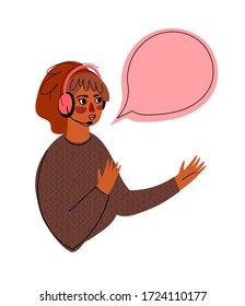 vector illustration isolated on white: portrait of a young woman 
speaking into the microphone in headphones. pretty female character streaming. blogging, vlogging, podcast and broadcast concept