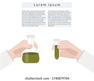 Ilustración vectorial. Aislado sobre fondo blanco. Idea para atención médica. Doctor con tubos de ensayo con líquido verde. 