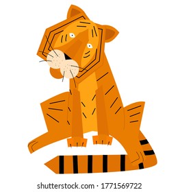 vector illustration isolated on white background cartoon tiger sitting with a surprised face