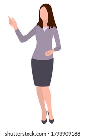 vector illustration isolated on white background brunette girl in a jumper and skirt stands and shows with her hand to the side, teacher, manager, office worker