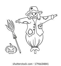 Vector illustration isolated on a white background with a scarecrow, pumpkin and the witch's  broom. Cartoon style. For  halloween  party decor,invitation, card,coloring book.