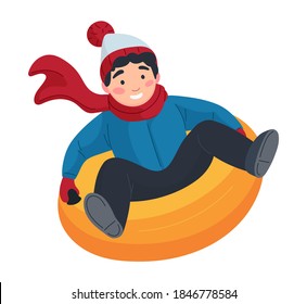 vector illustration isolated on white background. Smiling Child having fun riding on a snow rubber tubing. Kid enjoying rubber snow tube ride, Winter activities.  boy Sliding on inflatable Tube 