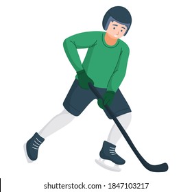vector illustration isolated on white background. child skating with stick and racing skates. hockey player in sportswear plays professional ice hockey game. Young athletic boy, active lifestyle