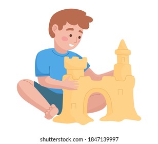 vector illustration isolated on white background. child in swim trunks Building Sand castle, Kid Playing with sand on Beach, summer Vacation, holiday on seaside, outdoor activity, boy build sand tower