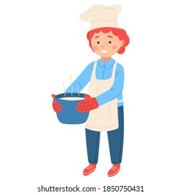 Vector Illustration Isolated On White Background. Boy Chef In White Hat, Apron Cooking Delicious Soup For Dinner. Kid Cooker Holding Hot Saucepan Using Oven Gloves. Role Play Game, Career Day School