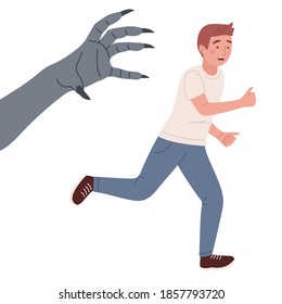 vector illustration isolated on white background. Terrified Young man running away from problem. Big frightening Hand catching male character, panicked guy afraid of threat, scared face expression
