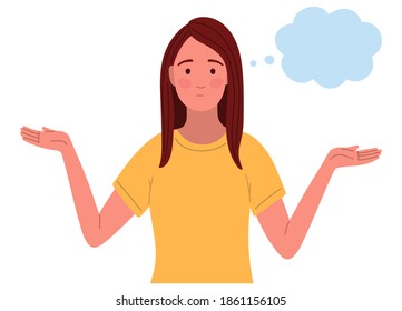 vector illustration isolated on white background. woman choosing between two options. Girl with balancing hands, life balance and Choice concept, decision making, solving problems, searching solutions