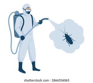 Vector Illustration Isolated On White Background. Male Disinfector In Protective Suits With Insect Poison Spray. Pest Control Service Pest Control Specialist In Uniform, Cockroach Disinfection