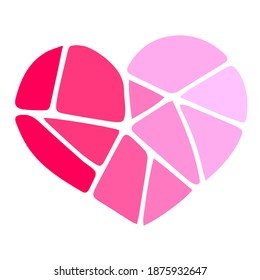 Vector illustration isolated on white. Icon of heart consisting of segments in shades of pink. Sign of broken heart. Theme of Valentine's day. Simple hand drawn doodle clipart. Poster, collage, card.