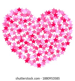 Vector illustration isolated on white. Icon of heart consisting of many tiny pink and red stars. Theme of love and Valentine's day. Simple hand drawn doodle clipart. For poster, collage, card, banner.