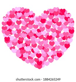 Ilustración vectorial aislada en blanco. Icono del corazón compuesto por muchos diminutos corazones rosados y rojos. Tema del amor y el día de San Valentín. Simple clíparte de doodle dibujado a mano. Para afiches, collage, tarjeta, cartel